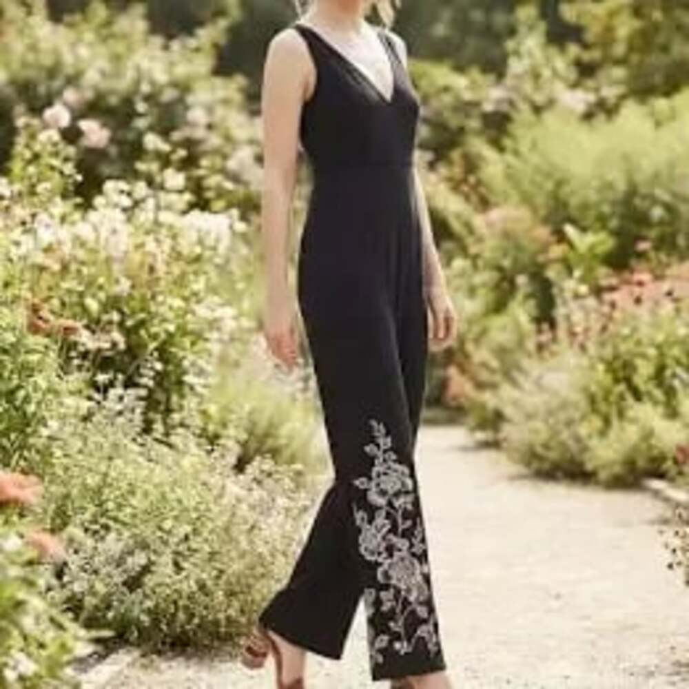 Anthropologie HD in Paris Tal Black Floral Embroidered V-Neck Jumpsuit